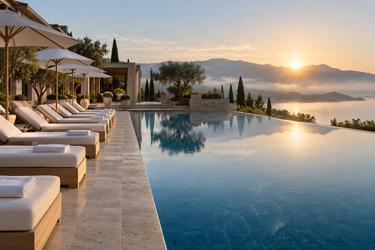 A row of empty sun loungers beside a hotel pool at dawn