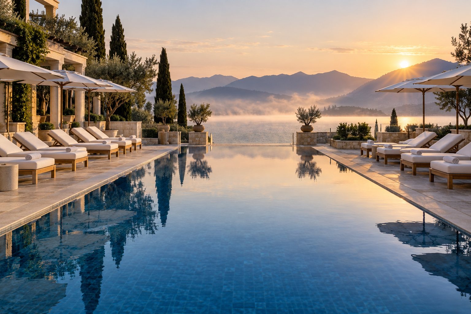Empty sun loungers by a hotel pool at dawn