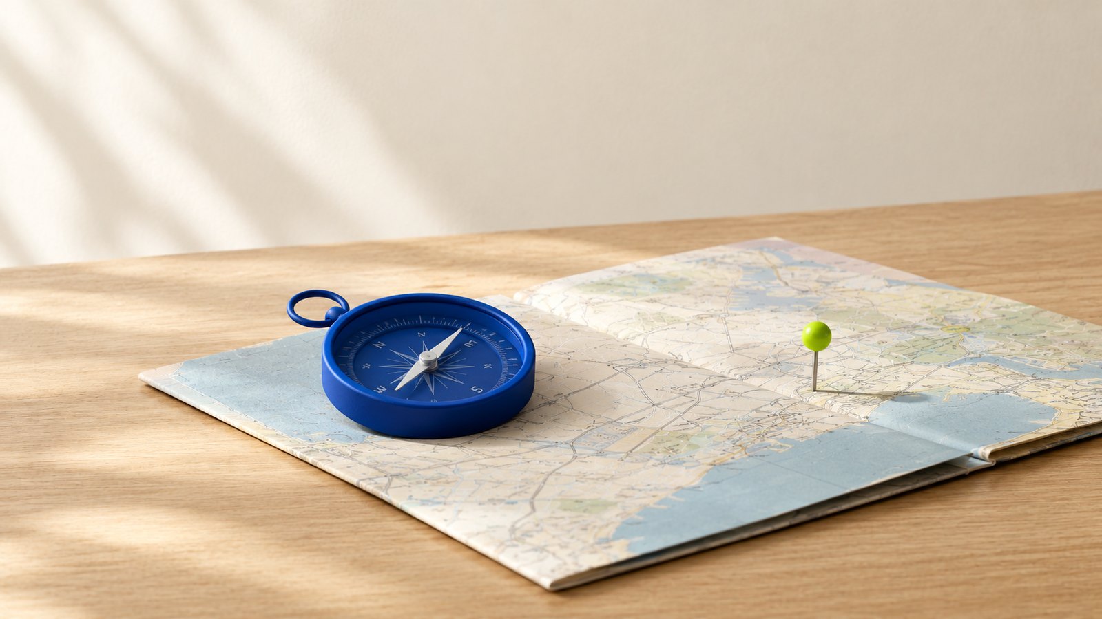 A blue compass on an open map, with a lime pin marking a place